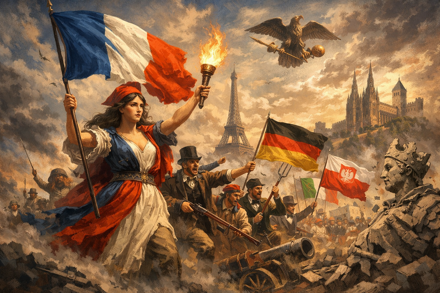 यूरोप में राष्ट्रवाद का उदय – कक्षा 10 इतिहास के लिए फीचर इमेज, जिसमें 19वीं सदी के यूरोप में स्वतंत्रता और राष्ट्रवादी आंदोलनों को दर्शाते हुए झंडे, क्रांतिकारी लोग और प्रतीकात्मक चित्र दिखाए गए हैं।