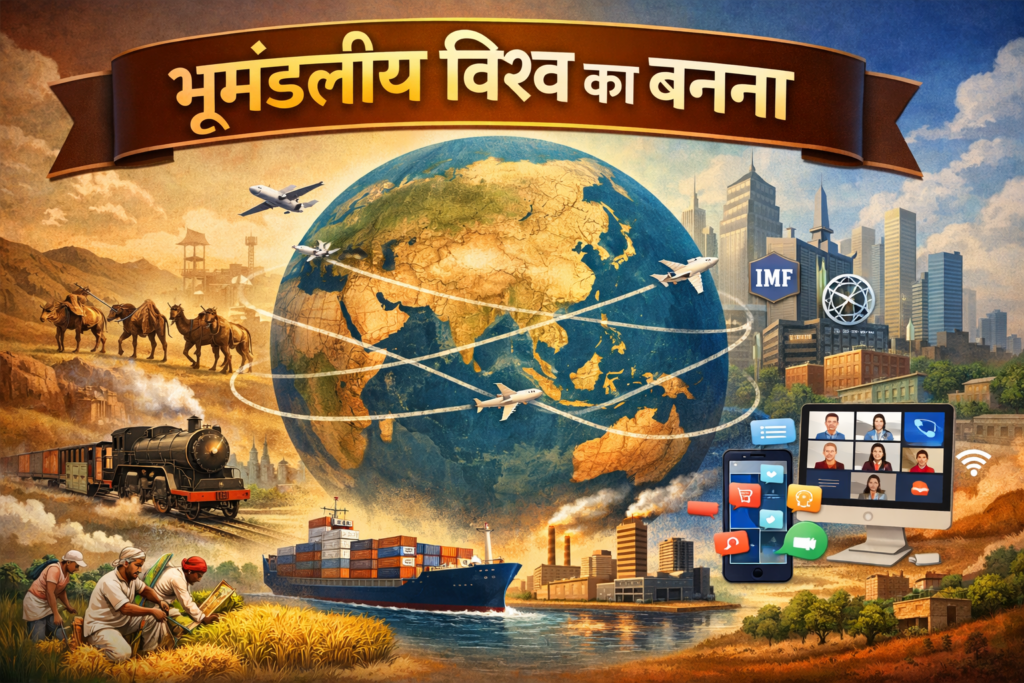 भूमंडलीय विश्व का बनना दर्शाती फीचर इमेज जिसमें प्राचीन व्यापार मार्ग, रेशम मार्ग, जहाज, रेल, हवाई जहाज, बहुराष्ट्रीय कंपनियाँ, IMF और सूचना तकनीक के माध्यम से वैश्वीकरण का विकास दिखाया गया है।